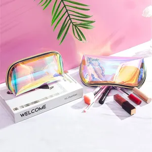 Iridescent laser half-round cosmetic bag large capacity portable transparent travel storage pouch