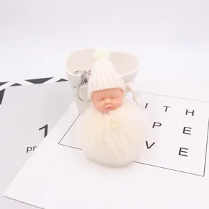 Süßer schlafender Baby Puppe Pompon Schlüsselanhänger Plüschtasche Anhänger Flauschig