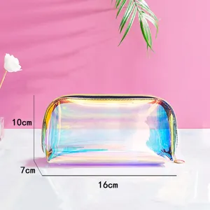 Transparent holographic cosmetic bag detail view showing clear dimensions and portable design.