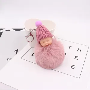 Süßer schlafender Baby Puppe Pompom Schlüsselanhänger Plüsch Tier Anhänger für Taschen und Auto