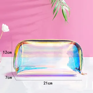 Clear holographic makeup bag detail showing iridescent transparent material and size dimensions.