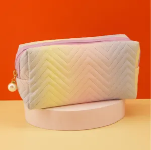 Pastel gradient makeup bag with pearl pendant, spacious cosmetic pouch for daily use.