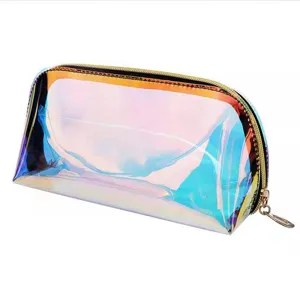 Clear holographic TPU cosmetic bag detail shot, waterproof portable makeup storage pouch.