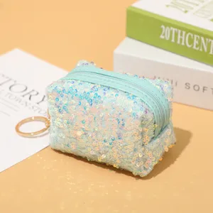 Mini sequin coin purse with zipper and keychain, sparkling cute compact pouch for lipstick.