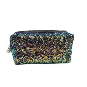 Large capacity sequin cosmetic bag, fashionable sparkling makeup pouch with pearl zipper.