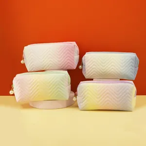 Gradient Color Quilted PU Leather Cosmetic Bag For Women Fashion Large Capacity Toiletry Makeup Storage Bag With Pearl Zipper