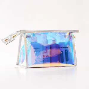 Holografische transparante TPU cosmetische tas met reisflessen, waterdichte toilettas.