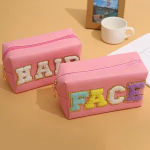 Pink cosmetic bag set with cute chenille letter embroidery, large capacity makeup pouch.