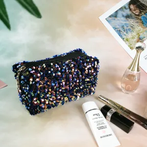 Sparkling sequin makeup bag for women, stylish travel toiletry pouch with zipper closure.