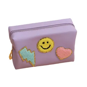 Purple large capacity cosmetic bag with plush smiley lightning heart patches portable makeup pouch