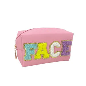 Pink cosmetic bag with colorful chenille letter patches, large capacity travel storage pouch.