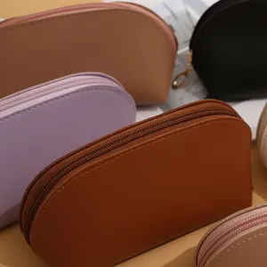 Solid color PU leather cosmetic bag portable shell makeup pouch large capacity storage bag