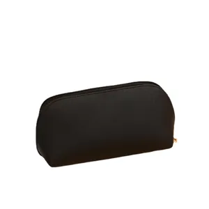 Black faux leather cosmetic bag, minimalist shell makeup pouch with zipper for travel.