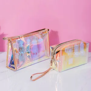 Iridescent Clear TPU Makeup Bag Laser Holographic Cosmetic Bag Waterproof Travel Toiletry Wash Bag Portable Zipper Pouch Organizer For Women