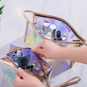 Holographic clear cosmetic bag set with rose gold trim, waterproof portable makeup pouch.