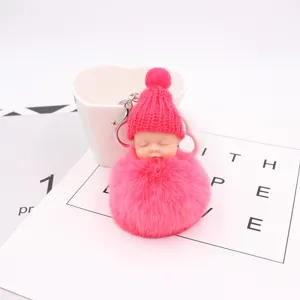 Süßer schlafender Baby Puppe Pompon Schlüsselanhänger Plüsch Tasche Anhänger Rosa