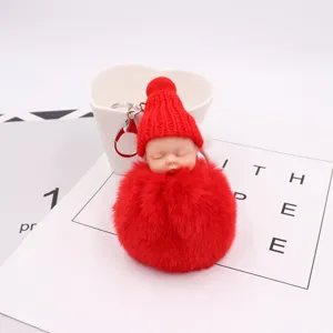 Niedlicher schlafender Baby Puppe Pompom Schlüsselanhänger, weicher Plüschtaschen Anhänger.