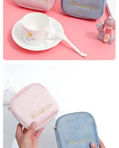 Velvet sanitary napkin storage pouch, portable cosmetic bag, cute double color set details.