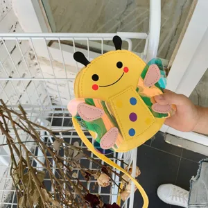 Cute cartoon bee children crossbody bag, vibrant yellow PU leather, kids fashion accessory.