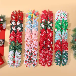 Christmas Kids Bow Hair Clips Set Polyester Grosgrain Swallowtail Alligator Clips Festive Pattern Printed Headwear For Girls Hair Accessories