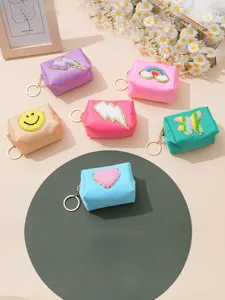 Chenille Bestickte Süße Münzbrieftasche Mini Reißverschluss Brieftasche Mit Schlüsselanhänger Macaron Farbe Cartoon Bestickter Münzbeutel Für Frauen