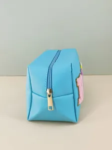Blue PU leather cosmetic bag with chenille letter patch, waterproof large toiletry makeup pouch.