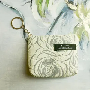 Close-up detail of a compact mini zipper coin purse with unique textured fabric and key ring.