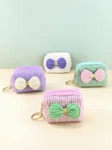 Women Mini Corduroy Bow Coin Purse Portable Lipstick Storage Bag With Keychain Cute Mini Pouch Key Organizer Wallet For Daily Use