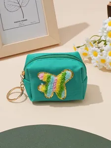 Süße grüne Münzbrieftasche mit Chenille-Stickerei, Blitz-Aufnäher und praktischem Schlüsselring.