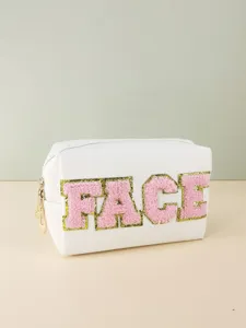 White PU leather makeup bag with pink chenille varsity letters FACE gold glitter trim detail