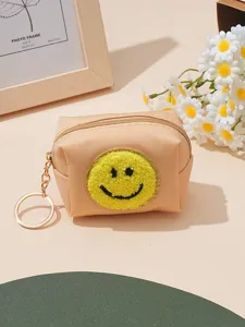 Hübsche kleine Münztasche mit Smiley-Stickerei und Schlüsselanhänger, beige Kosmetiktasche.