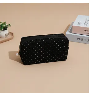 Black gold dotted corduroy cosmetic bag, perfect daily makeup pouch and travel storage organizer.