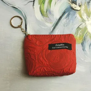 Mini red zipper coin purse with keychain, cute student key pouch card holder detailing.