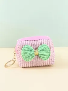 Pink tweed coin purse with green knitted bow, mini portable zipper pouch with key chain.