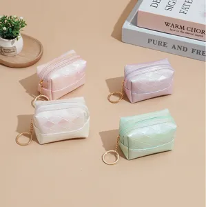 Pearl gradient quilted coin purse cute mini lipstick pouch with keychain zipper bag for women