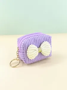 Cute purple corduroy mini coin purse with white knit bow and gold keyring for portable use.