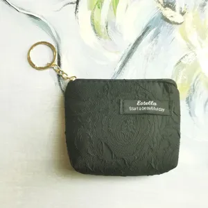 Detailed view of a black textured mini coin purse featuring a gold keychain and fabric label.