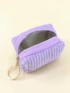 Purple corduroy mini coin purse with zipper and gold key ring for cute portable storage.