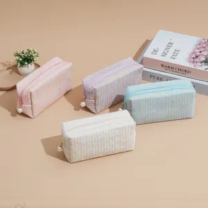 Tweed Style Large Capacity Portable Makeup Bag With Artificial Pearl Zipper Tweed Woven Cosmetic Bag For Travel Daily Storage Women