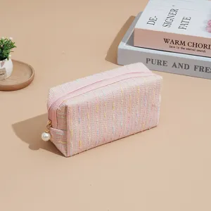Pink tweed cosmetic bag portable makeup pouch large capacity travel storage organizer