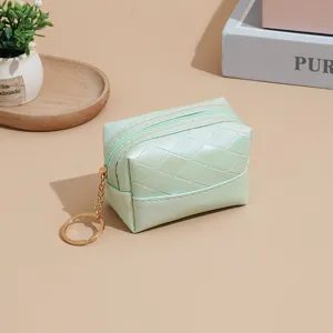 Green pearlescent gradient quilted coin purse with keyring PU leather lipstick pouch main view