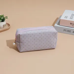 Corduroy cosmetic bag with gold dots, large capacity portable makeup storage bag for travel.