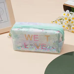 Klares Kosmetiktäschchen mit Glitzerbuchstaben und Sternen, großer Make-up-Organizer.