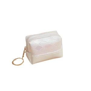Pearlescent gradient quilted coin purse with key chain chic PU leather lipstick makeup bag