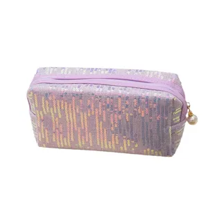 Lila Pailletten Kosmetiktasche, große Kapazität süße Make-up Tasche mit Perlenreißverschluss.