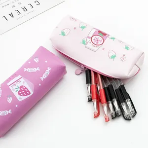 Cute cartoon strawberry PU large capacity pencil case set, sweet student stationery storage box.