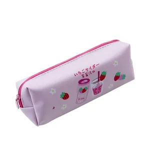Cute strawberry printed PU leather pencil case with large capacity for student use.