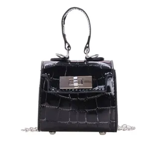 Black patent leather crocodile pattern mini Kelly bag chic fashion crossbody handbag