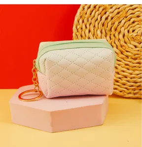 Mini quilted coin purse with key ring, dual-tone zipper pouch, compact storage detail shot.