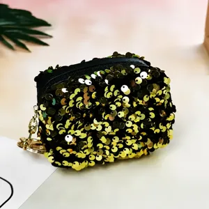 Black sequin mini coin purse fashionable lipstick storage pouch with keychain hook.
